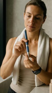 A Caucasian woman with brown hair holds a GLP-1 injection pen in a minimalistic bathroom. She appears focused on her self-care routine. Weight loss
