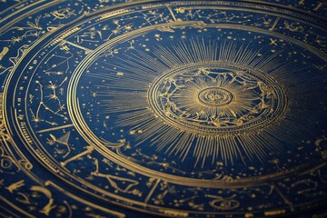 Naklejka premium Close-up of an ornate celestial map, gold lines on deep blue, illustrating stars and zodiac