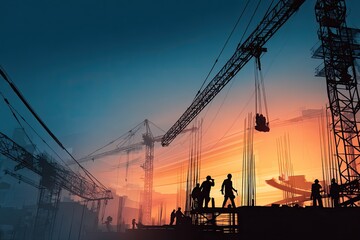 Silhouette of construction workers and cranes set against a vibrant sunset sky