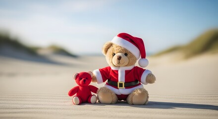 Two teddy bears in santa outfits on a sandy beach