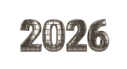 Year 2026 metallic grid typography isolated on transparent background