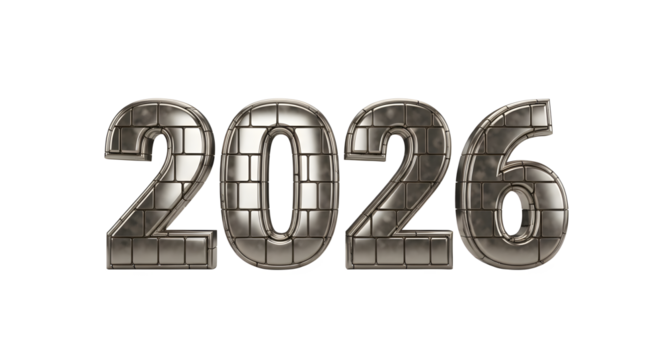 Year 2026 metallic grid typography isolated on transparent background