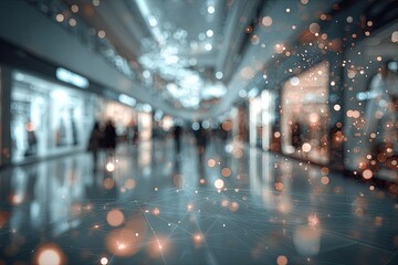 Blurred indoor shot of a shopping mall. Light bokeh effect emphasizes futuristic tech, connection, and crowds