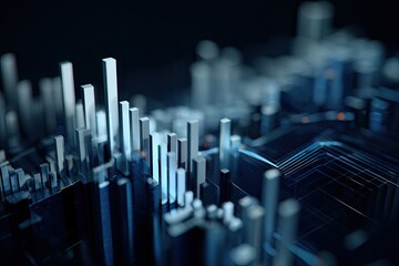 Abstract 3D graphic of data visualization, cityscape of metallic vertical bars & interconnecting lines