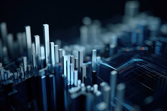 Abstract 3D graphic of data visualization, cityscape of metallic vertical bars & interconnecting lines