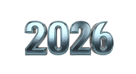 Silver metallic 2026 typography isolated on transparent background