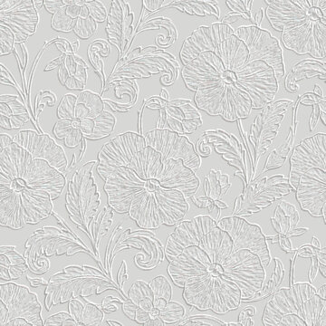 3d embossed seamless vector pattern with relief line art pansy flowers and scrolling leaves. Textured emboss surface white and light gray floral background. Endless texture with 3d embossing effect.