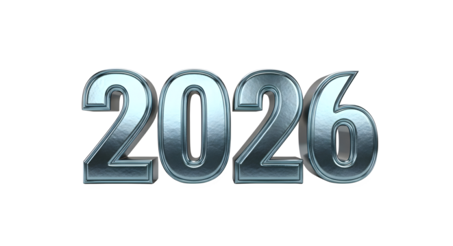 Silver metallic 2026 typography isolated on transparent background