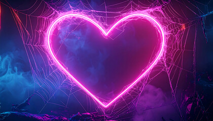 Neon heart glowing in pink purple smoke with spiderweb backdrop, moody romantic atmosphere and electric light contrast