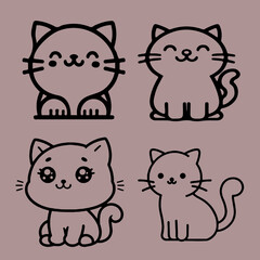 Vector design art line of funny cute cat with flat design on pink Background 