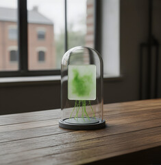 Algae bio-panel enclosed in a glass dome on a wooden table, symbolizing renewable bioenergy and sustainable technology