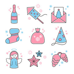 Christmas icon set. Color red and blue. Champagne, firework, letter, sock, bag, cap, angel, star, bumps. A collection of high-quality holiday pictograms in a modern flat style. Vector illustration