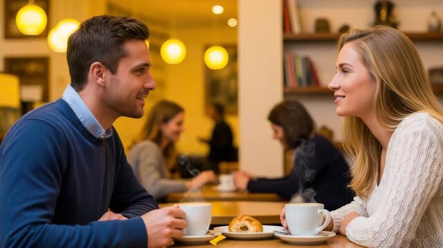 Couple enjoying coffee and conversation at a cozy cafe, sharing a moment of connection over drinks and pastries