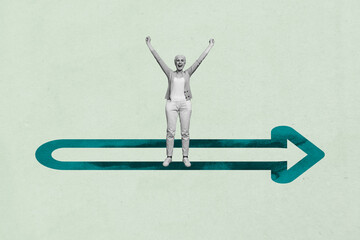 Full 3d art pop image collage of happy businesswoman businessman stand carrer ladder arrow progress statistics goal chance