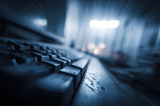 A close-up, angled shot of a darkened, weathered keyboard with blurred background lights