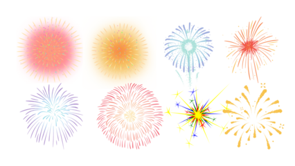 High-resolution transparent image of vibrant fireworks explosion, golden and pink starbursts bursting mid-air on isolated white background, radial symmetry, festive celebration	