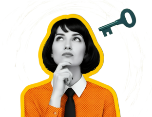 Thoughtful Young Woman Contemplating A Floating Key With Abstract White Brushstrokes On A Transparent Background Surrounded By A Bright Yellow Outline Collage