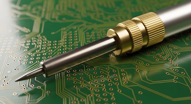 Soldering Iron on a Green Circuit Board electronics
