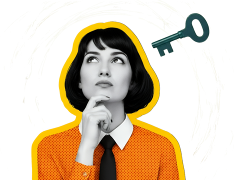 Thoughtful Young Woman Contemplating A Floating Key With Abstract White Brushstrokes On A Transparent Background Surrounded By A Bright Yellow Outline Collage