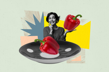 Pop zine 3d image collage of happy girl guy stand red pepper bulgarian paprika plate detox...