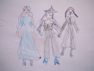 Colorful illustration of three diverse female characters, one in a flowing gown, another in a witch costume, and the last in a stylish outfit, showcasing creativity and imagination