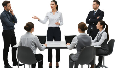 A diverse group of professionals collaborates around a table with laptops one woman presenting ideas and others listening attentively collage art business meeting