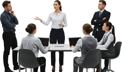 A diverse group of professionals collaborates around a table with laptops one woman presenting ideas and others listening attentively collage art business meeting