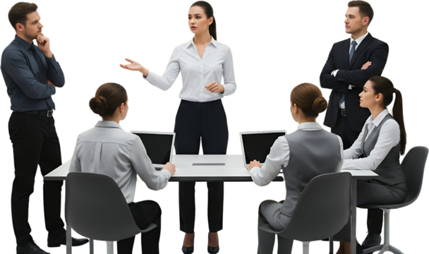 A diverse group of professionals collaborates around a table with laptops one woman presenting ideas and others listening attentively collage art business meeting