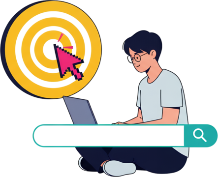 A young man with glasses uses a laptop next to a target and cursor with a search bar in the foreground collage art internet online website digital marketing
