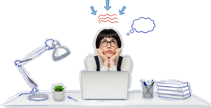 A young woman wearing glasses sits at a desk with a laptop looking upwards thoughtfully with illustrated thought bubbles above her head collage art Thinking