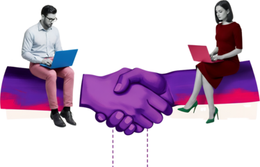 Man and woman sitting on abstract shapes each with a laptop with a stylized purple handshake connecting them collage art Business Agreement Partnership