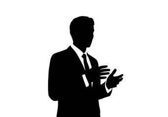 Obraz premium Businessman silhouette vector graphic presenting or explaining with hand gestures professional corporate speaker