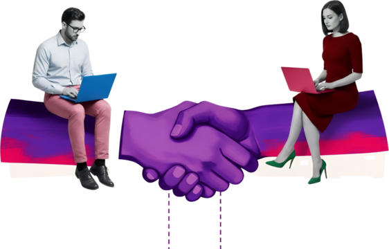 Man and woman sitting on abstract shapes each with a laptop with a stylized purple handshake connecting them collage art Business Agreement Partnership