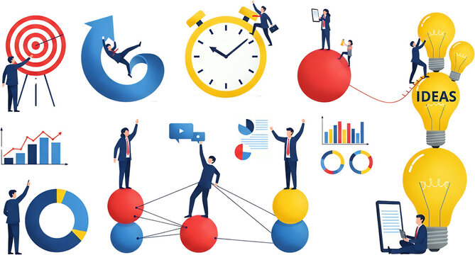Business professionals collaborate on goals time management data analysis and idea generation represented by charts clocks targets and lightbulbs collage