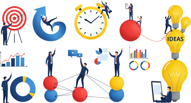 Business professionals collaborate on goals time management data analysis and idea generation represented by charts clocks targets and lightbulbs collage