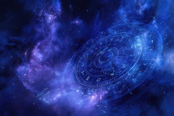 A cosmic scene showcasing a celestial zodiac wheel surrounded by vibrant nebulae and starlight