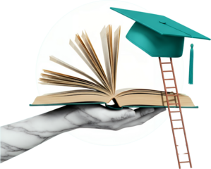 Open book on a marble hand with a graduation cap atop a ladder symbolizing education knowledge and academic achievement collage art learning wisdom study
