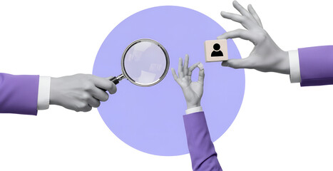 Three stylized hands in purple jackets examine a wooden block with a person icon using a magnifying glass signifying search and analysis collage art concept