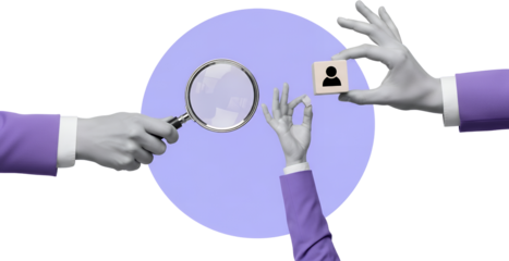 Three stylized hands in purple jackets examine a wooden block with a person icon using a magnifying glass signifying search and analysis collage art concept