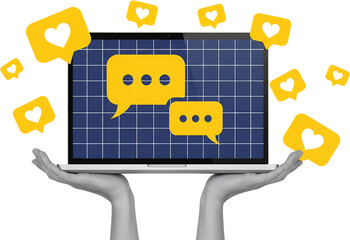 Hands holding a laptop displaying chat bubbles and floating heart icons symbolizing online communication and social media engagement set against a grid background