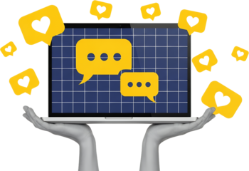 Hands holding a laptop displaying chat bubbles and floating heart icons symbolizing online communication and social media engagement set against a grid background
