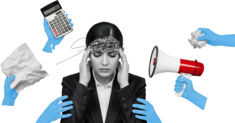 Stressed Woman In Suit With Tangled Thoughts Surrounded By Hands Holding Calculator Crumpled Paper And Megaphone Transparent Background Representing Mental Overload