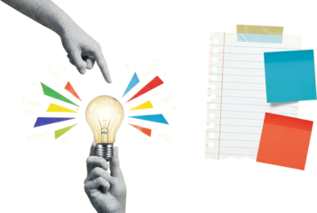 A hand holds a glowing light bulb with colorful rays emanating outwards with another hand pointing towards it next to a torn notebook page with sticky notes