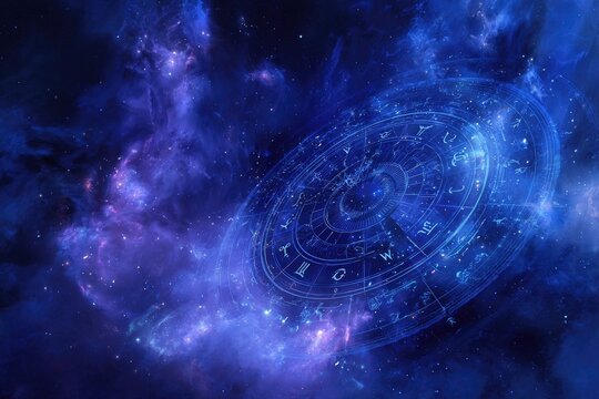 A cosmic scene showcasing a celestial zodiac wheel surrounded by vibrant nebulae and starlight