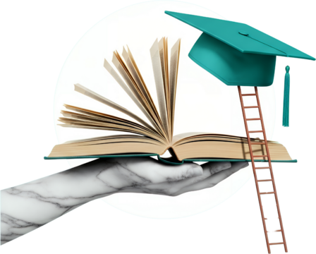 Open book on a marble hand with a graduation cap atop a ladder symbolizing education knowledge and academic achievement collage art learning wisdom study