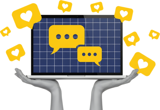 Hands holding a laptop displaying chat bubbles and floating heart icons symbolizing online communication and social media engagement set against a grid background