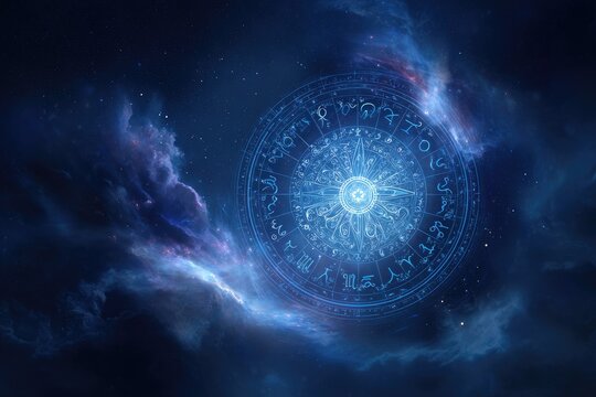 A celestial blue wheel of zodiac symbols, glowing within a nebula of cosmic clouds - Powered by Adobe