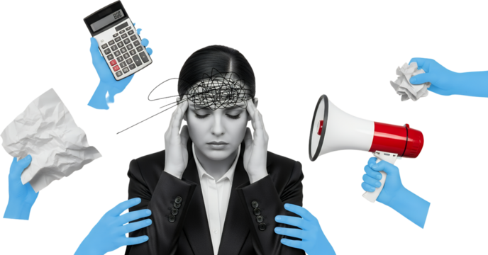 Stressed Woman In Suit With Tangled Thoughts Surrounded By Hands Holding Calculator Crumpled Paper And Megaphone Transparent Background Representing Mental Overload
