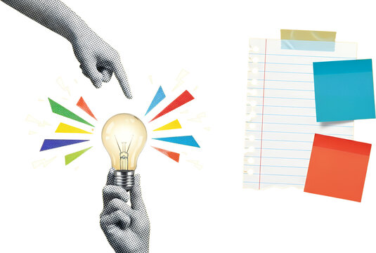 A hand holds a glowing light bulb with colorful rays emanating outwards with another hand pointing towards it next to a torn notebook page with sticky notes