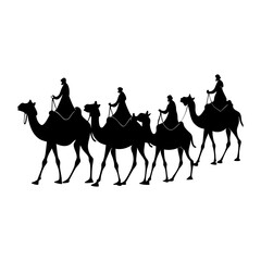 Silhouette of the three wise men riding camels on a white background